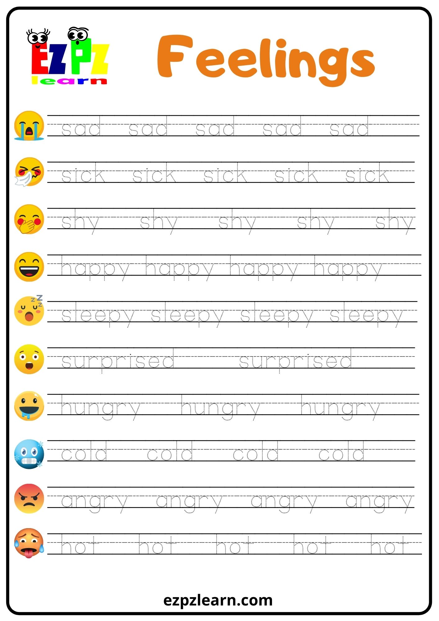 Feelings Word Tracing Worksheet